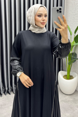 Açelya Deri Detaylı Elbise 3359 Siyah - UZ (1)