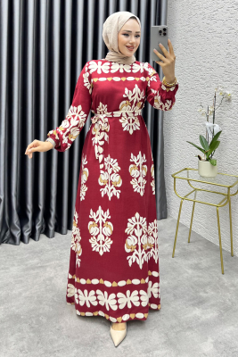 Desenli Viskon Elbise 1997 Bordo - FON