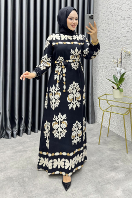  Desenli Viskon Elbise 1997 Siyah - FON