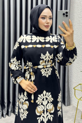  Desenli Viskon Elbise 1997 Siyah - FON (1)