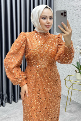 Drape İşlemeli Pullu Abiye 8012 Bakır - YGS (1)