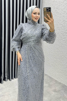 Drape İşlemeli Pullu Abiye 8012 Gri - YGS (1)