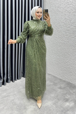 Drape İşlemeli Pullu Abiye 8012 Haki 