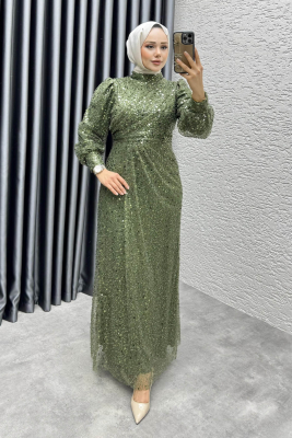 Drape İşlemeli Pullu Abiye 8012 Haki - YGS (1)