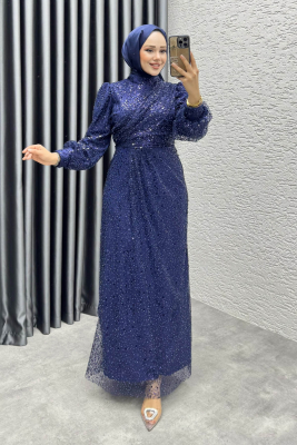Drape İşlemeli Pullu Abiye 8012 Lacivert - YGS (1)