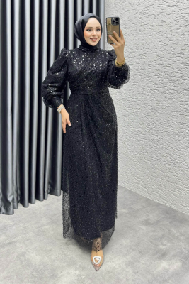 Drape İşlemeli Pullu Abiye 8012 Siyah 