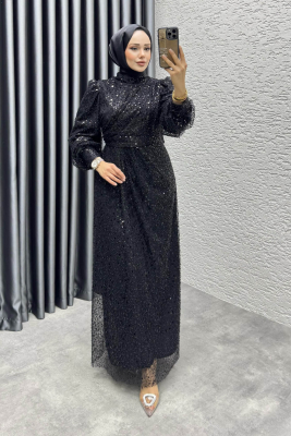 Drape İşlemeli Pullu Abiye 8012 Siyah - YGS (1)