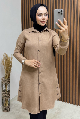 Düğme Aksesuarlı Gömlek Tunik 3047 Latte - YVZ