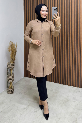 Düğme Aksesuarlı Gömlek Tunik 3047 Latte - YVZ (1)