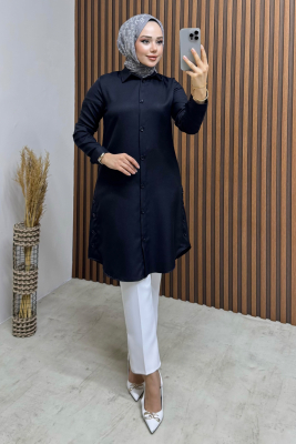 Düğme Aksesuarlı Gömlek Tunik 3047 Siyah - YVZ (1)