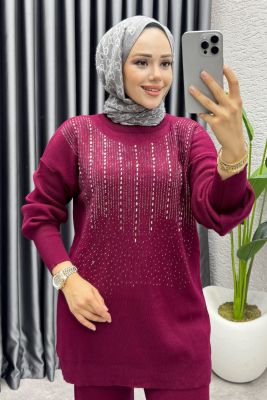 Elissa Taşlı Triko Takım 1109 Bordo - MT (1)