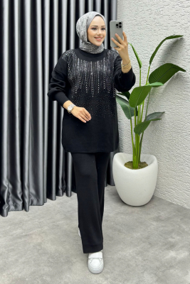 Elissa Taşlı Triko Takım 1109 Siyah - MT