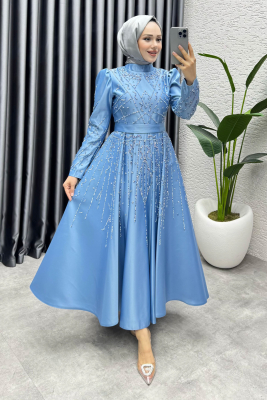 Elsa Taş Detaylı Saten Abiye 6635 Bebe Mavisi - YGS