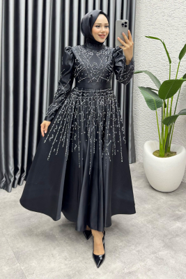 Elsa Taş Detaylı Saten Abiye 6635 Siyah - YGS