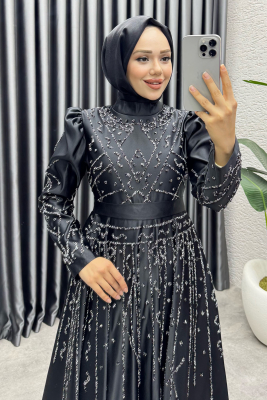 Elsa Taş Detaylı Saten Abiye 6635 Siyah - YGS (1)