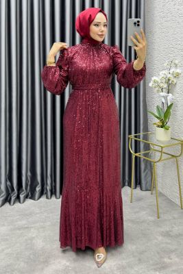 Gülçe Eteği Volanlı Payet Elbise 6651 Bordo - YGS (1)