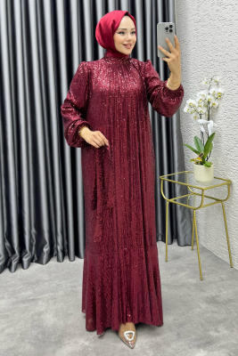 Gülçe Eteği Volanlı Payet Elbise 6651 Bordo - YGS