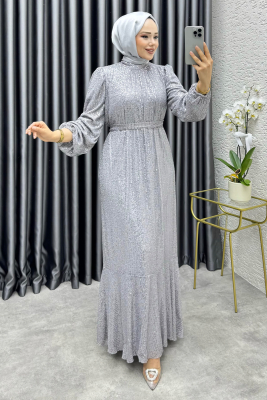 Gülçe Eteği Volanlı Payet Elbise 6651 Gri - YGS