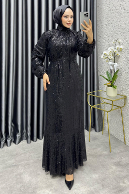 Gülçe Eteği Volanlı Payet Elbise 6651 Siyah - YGS
