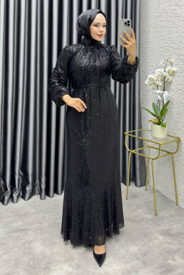 Gülçe Eteği Volanlı Payet Elbise 6651 Siyah - YGS (1)