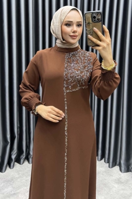 Etek Ucu Volanlı Taş Detaylı Elbise 6197 Kahve - NWS (1)