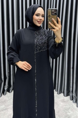 Etek Ucu Volanlı Taş Detaylı Elbise 6197 Siyah - NWS (1)