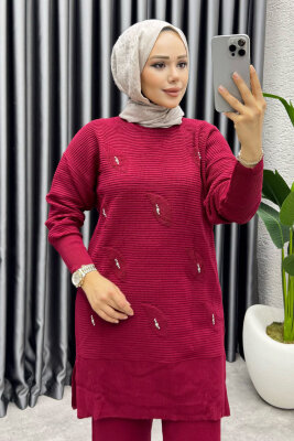 Eylül Taş Detaylı Triko Takım 1208 Bordo - MT (1)