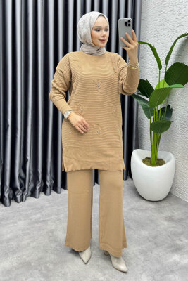 Eylül Taş Detaylı Triko Takım 1208 Latte - MT