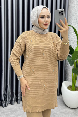 Eylül Taş Detaylı Triko Takım 1208 Latte - MT (1)