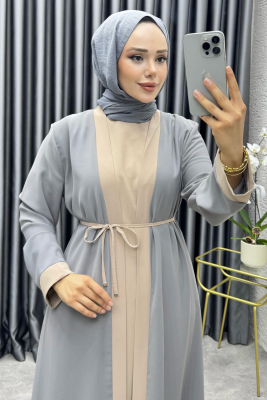 Garni Detaylı İkili Abaya Takım 6220 Gri - NWS (1)
