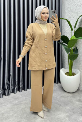 İdil Düğme Detaylı Triko Takım 1314 Latte - MT (1)