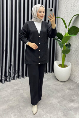 İdil Düğme Detaylı Triko Takım 1314 Siyah - MT