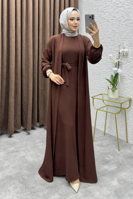 Betül İkili Abaya Elbise Takım 24686 Kahve - VYS