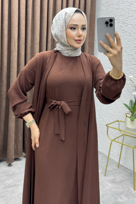 Betül İkili Abaya Elbise Takım 24686 Kahve - VYS (1)