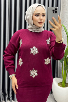  Irmak Çiçek Detaylı Triko Takım 1006 Bordo - MT (1)