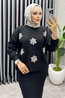 Irmak Çiçek Detaylı Triko Takım 1006 Siyah - MT (1)