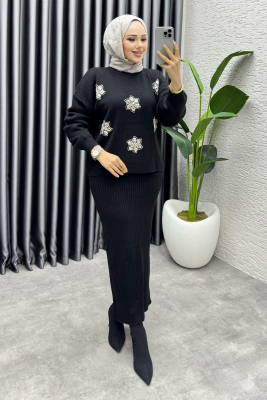 Irmak Çiçek Detaylı Triko Takım 1006 Siyah - MT