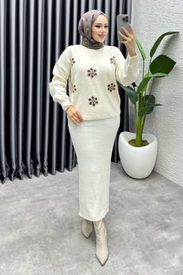  Irmak Çiçek Detaylı Triko Takım 1006 Taş - MT