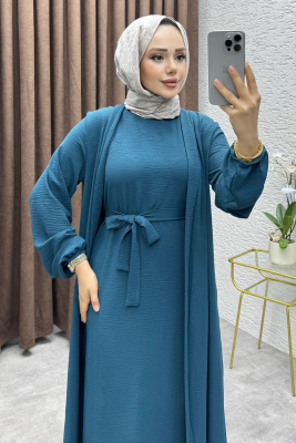 Betül İkili Abaya Elbise Takım 24686 Petrol - VYS (1)
