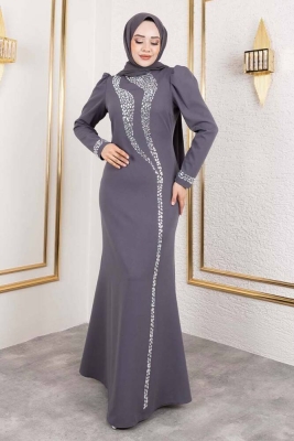 Kolları ve Gögüsü Taş Detaylı Krep Elbise 8010 Gri - Kalemen (1)