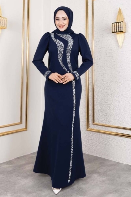 Kolları ve Gögüsü Taş Detaylı Krep Elbise 8010 Lacivert - Kalemen (1)