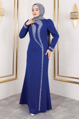 Kolları ve Gögüsü Taş Detaylı Krep Elbise 8010 Saks - Kalemen (1)