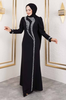 Kolları ve Gögüsü Taş Detaylı Krep Elbise 8010 Siyah - Kalemen (1)