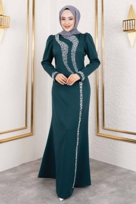Kolları ve Gögüsü Taş Detaylı Krep Elbise 8010 Zümrüt - Kalemen (1)