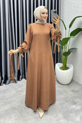 Manşeti Bağlamalı Sofia Keten Elbise 2010 Kahve - FON