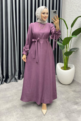 Manşeti Bağlamalı Sofia Keten Elbise 2010 Koyu Lila - FON