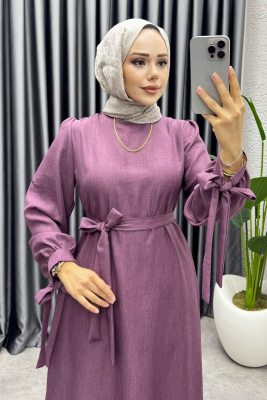 Manşeti Bağlamalı Sofia Keten Elbise 2010 Koyu Lila - FON (1)