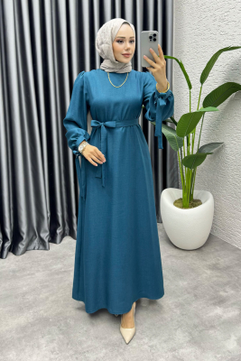 Manşeti Bağlamalı Sofia Keten Elbise 2010 Petrol - FON