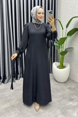 Manşeti Bağlamalı Sofia Keten Elbise 2010 Siyah - FON