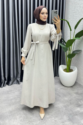 Manşeti Bağlamalı Sofia Keten Elbise 2010 Taş - FON
